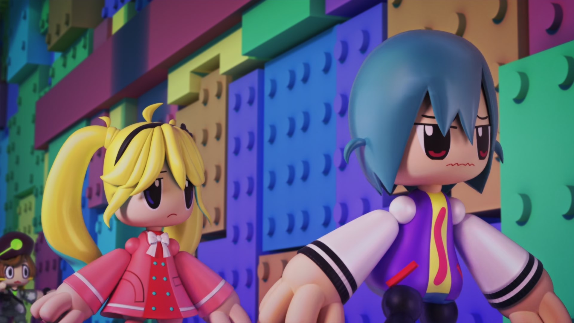 A determined looking Miko in a plasticky, 3-D game form is looking determined while her blond twin tailed rival looks on with worry